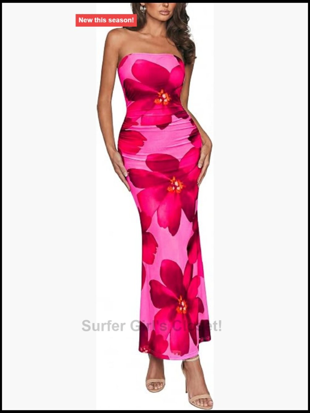 Strapless Tube Bodycon Mesh Ruched Floral Maxi Dress Night Out